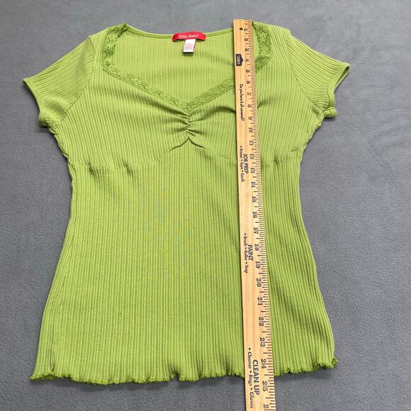 Vtg Y2K 00s Babydoll Jersey Knit Ruched Lace V Neck Lettuce Hem Top 1X LimeGreen - Picture 6 of 9